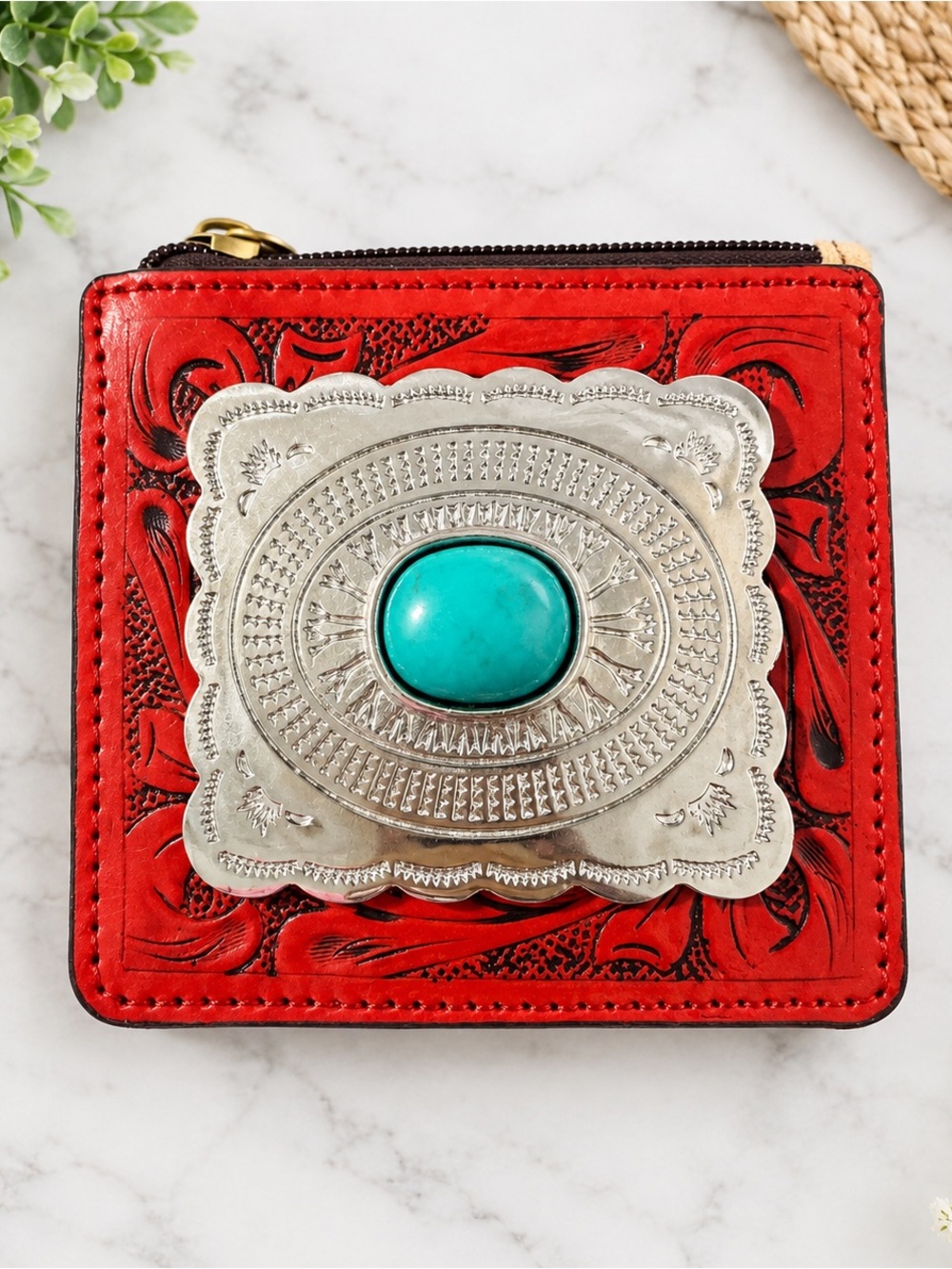 Red Genuine Leather Wallet with Turquoise Concho